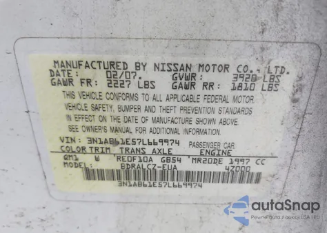 2007 Nissan Sentra 2.0 from USA, damaged, VIN 3N1AB61E57L669974